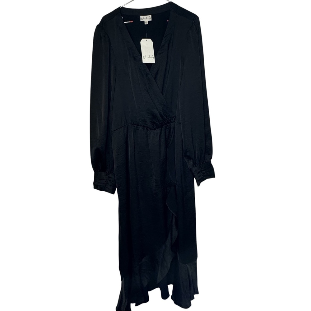 Wonderly Womens Holiday Dress Splice V-Neck Ruffled Cuffed Sleeve Black XL NWT